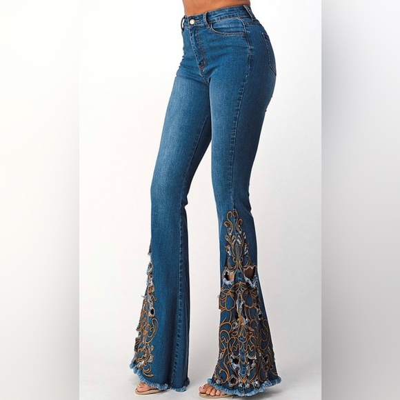 FLARE EMBROIDERY DENIM PANTS - Picture 2 of 3